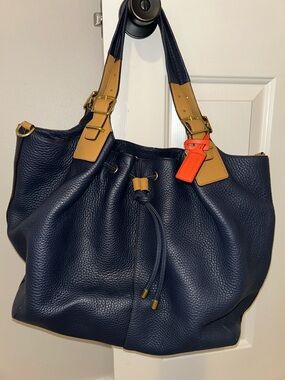 Legacy Coach Navy Pebbled Leather Drawstring Tote with Tan Straps and Orange Tag